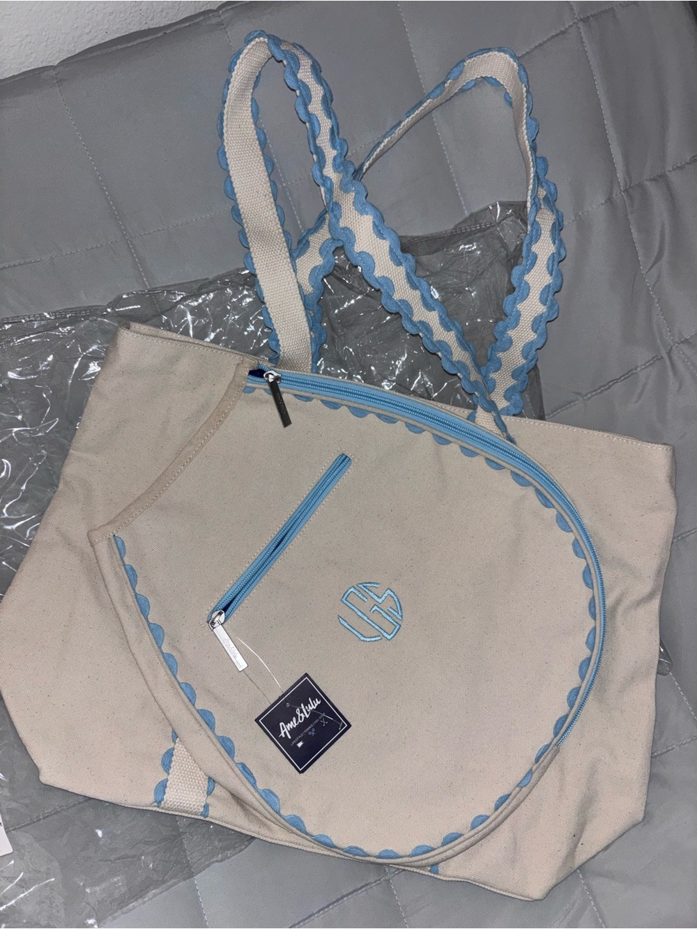 Michele Cream Canvas Tote with Light Blue Trim